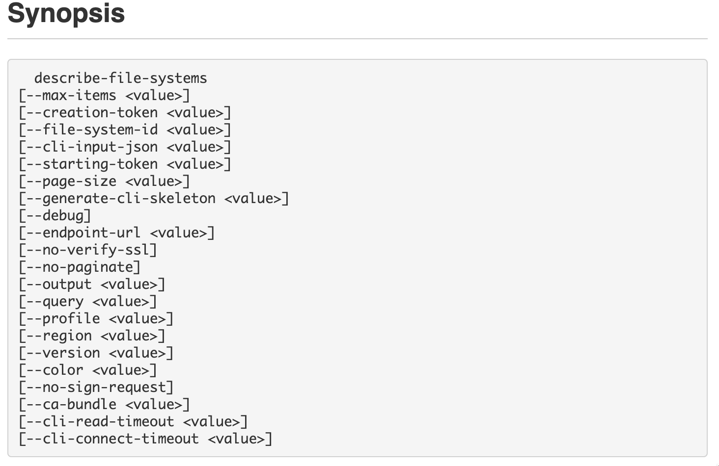 aws cli options for efs describe-file-systems