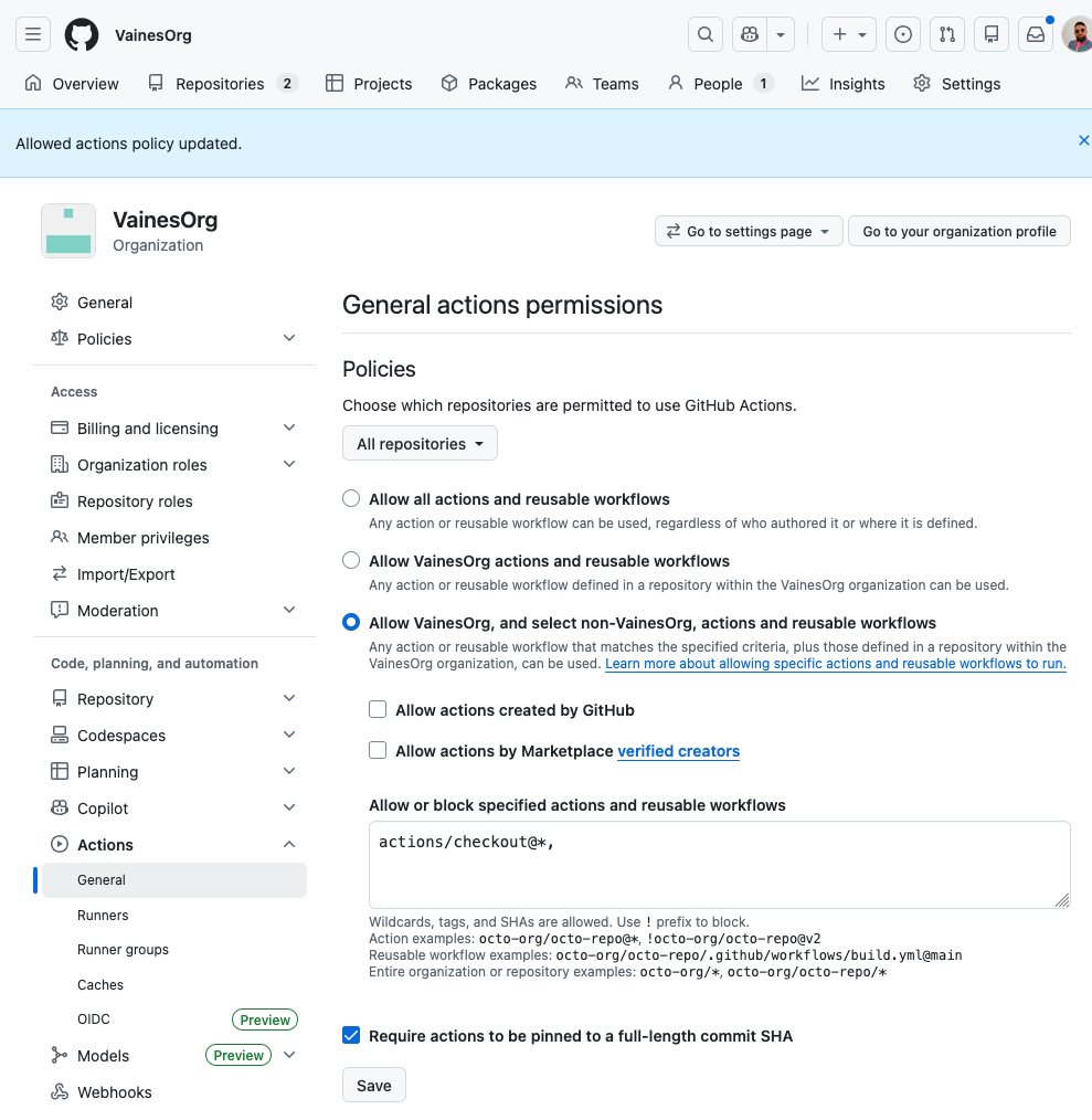 Github org settings restricting use of custom actions
