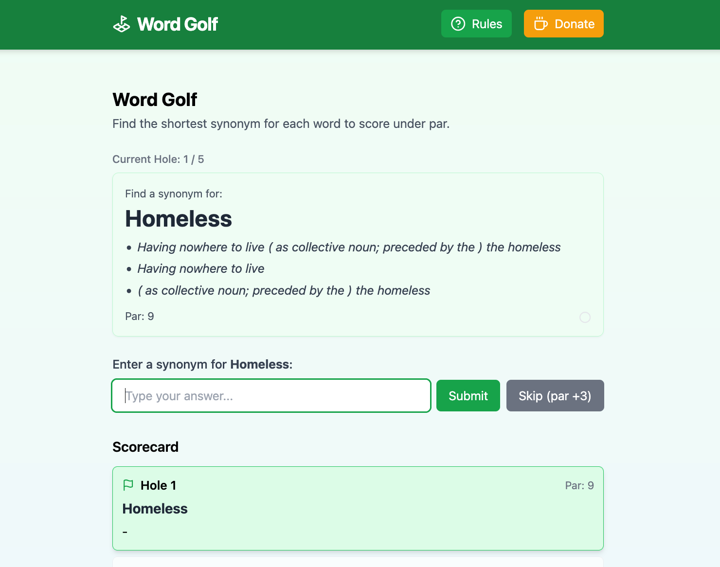A sort of golf related game about synonyms.